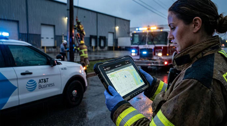 産業用の頑丈なタブレットに AT&T IoT SIM カードを取り付ける技術者..jpg