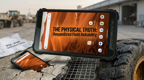 Tableta industrial robusta Aozora K8 sumergida en barro, pantalla activa.jpg