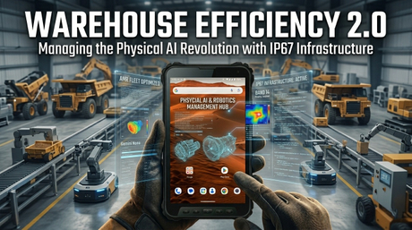 Robustes Industrie-Tablet, das eine Flotte von AMR-Robotern in einem High-Tech-Lager verwaltet.jpg