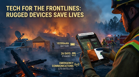 جهاز لوحي متين Aozora K8 Active في اليد، يُظهر خرائط حرائق الغابات مع وجود دخان ونار في الخلفية..jpg