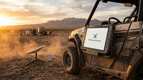 Защищенный планшет Aozora K8 Active установлен на внедорожнике рядом с тарелкой Starlink.jpg