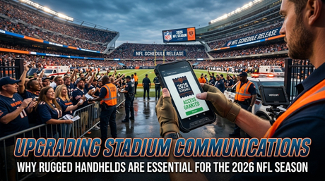 Personal que utiliza un dispositivo port&aacute;til resistente para escanear entradas de la NFL en la puerta de un estadio lleno de gente..jpg