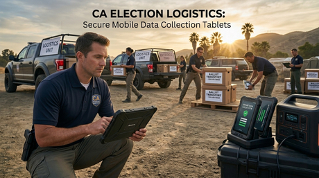 Aozora K8 Active tableta industrial robusta para log&iacute;stica gubernamental que muestra un registro de transporte de boletas cifrado en un centro regional..jpg