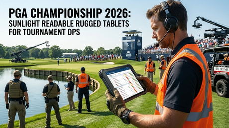 Marechal de torneio usando um tablet industrial robusto perto de um campo de golfe..jpg
