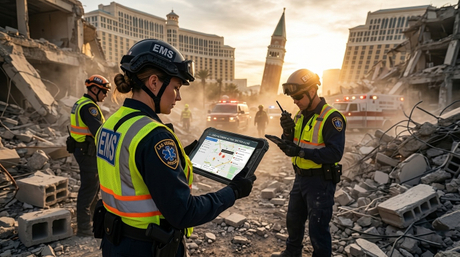 Appareil de communication des premiers intervenants affichant l'&eacute;tat de connectivit&eacute; FirstNet Band 14 au milieu des d&eacute;combres et de la poussi&egrave;re.11.jpg