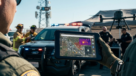 Agent de s&eacute;curit&eacute; publique verrouillant une tablette industrielle Verizon dans un quai pour v&eacute;hicules lourds lors d'une intervention d'urgence..jpg