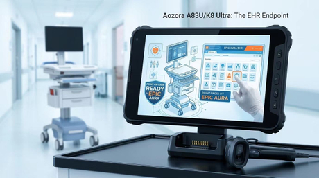 Aozora ແທັບເລັດ rugged mounted on a hospital clinical workstation on wheels running software EHR..jpg