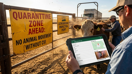 Tablette Android robuste de 8 pouces Aozora K8 Active affichant une liste de contr&ocirc;le de suivi des plaies CVI num&eacute;rique de l'USDA &agrave; l'int&eacute;rieur d'un enclos de tri de b&eacute;tail poussi&eacute;reux 66.jpg